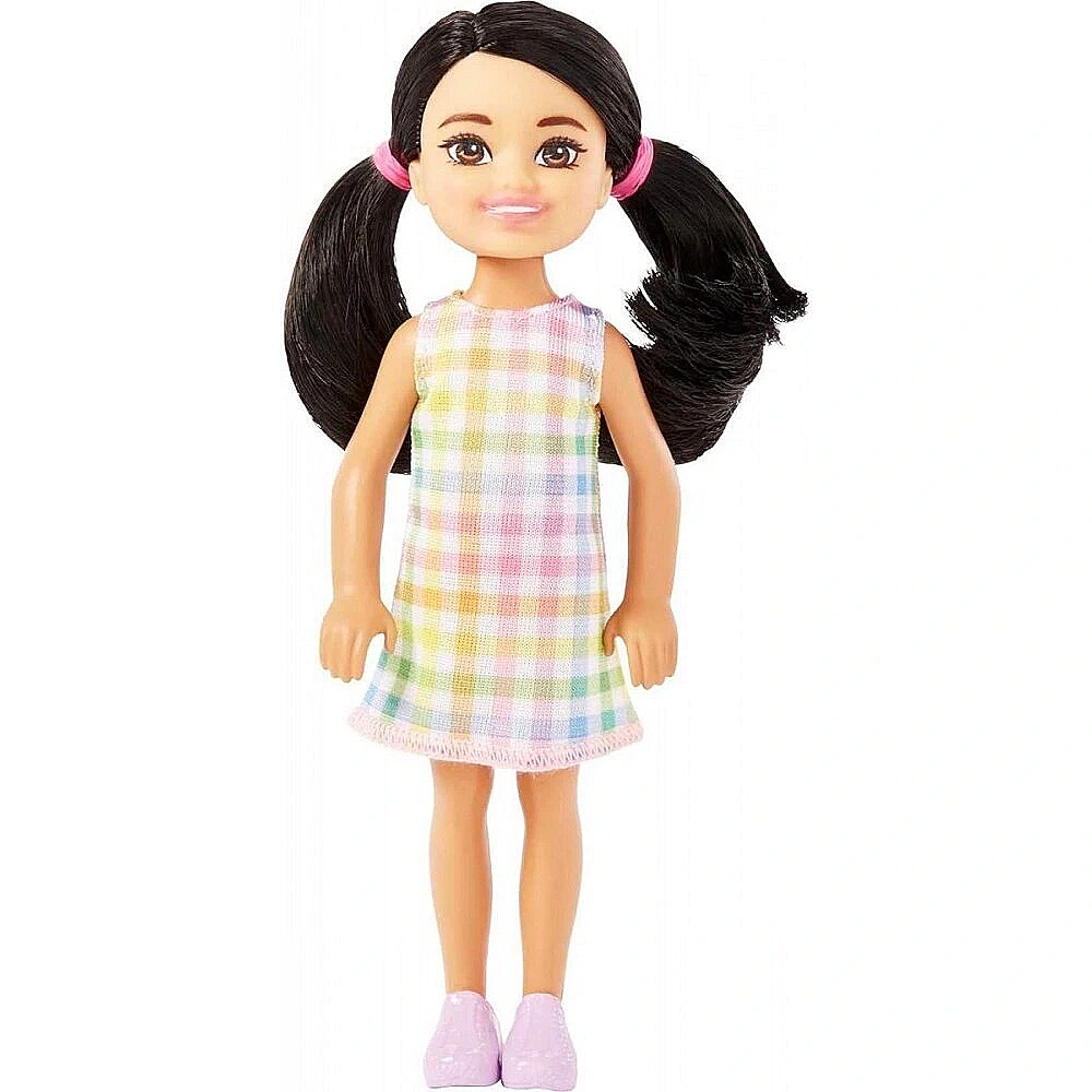 Barbie Chelsea Doll, Small Doll with Black Hair in Pigtails & Brown Eyes Wearing Removable Plaid Dress & Pink Shoes