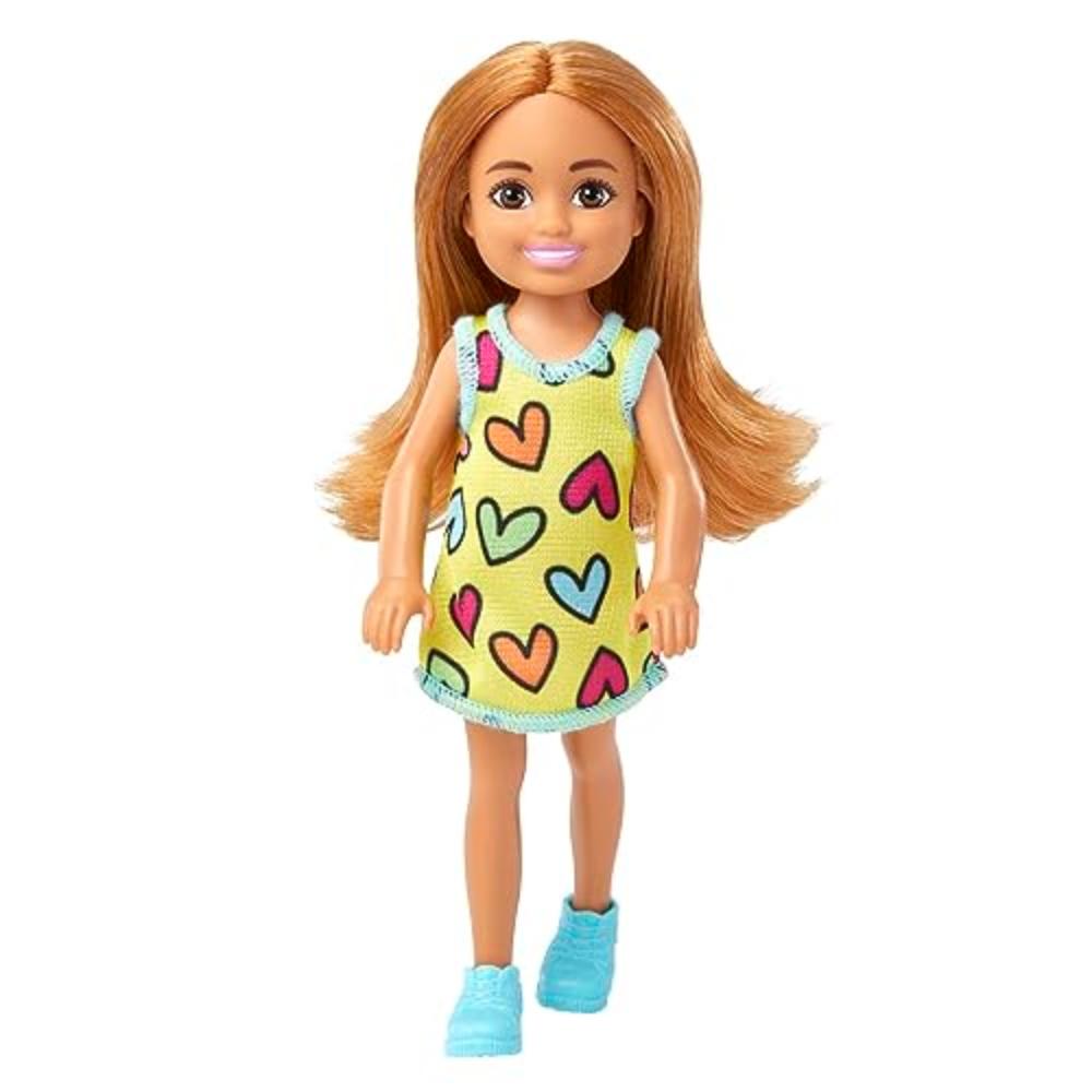 Barbie Chelsea Doll, Small Doll Wearing Removable Heart-Print Dress and Shoes, Brunette Hair & Brown Eyes, HNY57